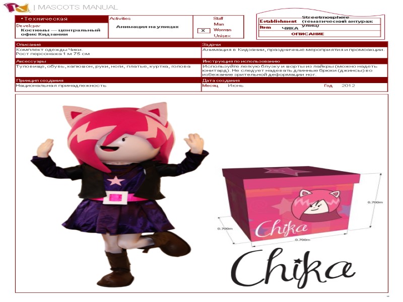 * Техническая информация Анимация на улицах X Streetmosphere (тематический антураж улиц) ЧИКА ОПИСАНИЕ Костюмы